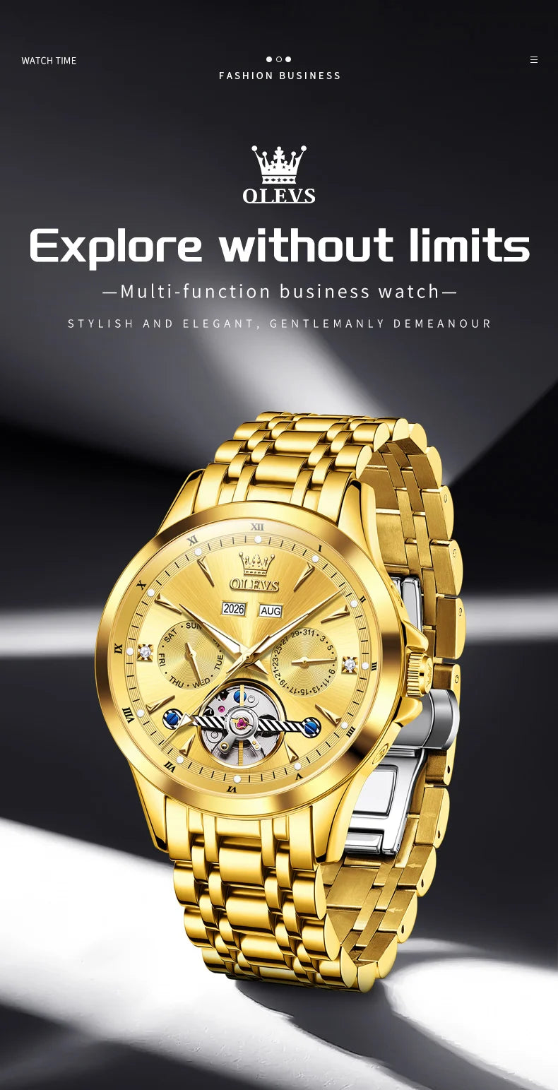 OLEVS 7091 Mens Watch Original Flywheel Automatic Mechanical Watch For Man Perpetual Calendar Waterproof Luminous Luxury Reloj