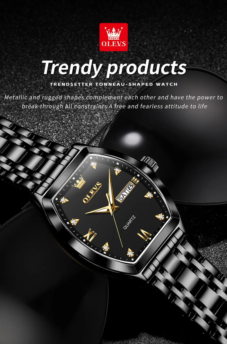 OLEVS Men's Watches Luxury Tonneau Original Top Brand Quartz Watch for Men Waterproof Luminous Week Date Male Wristwatch