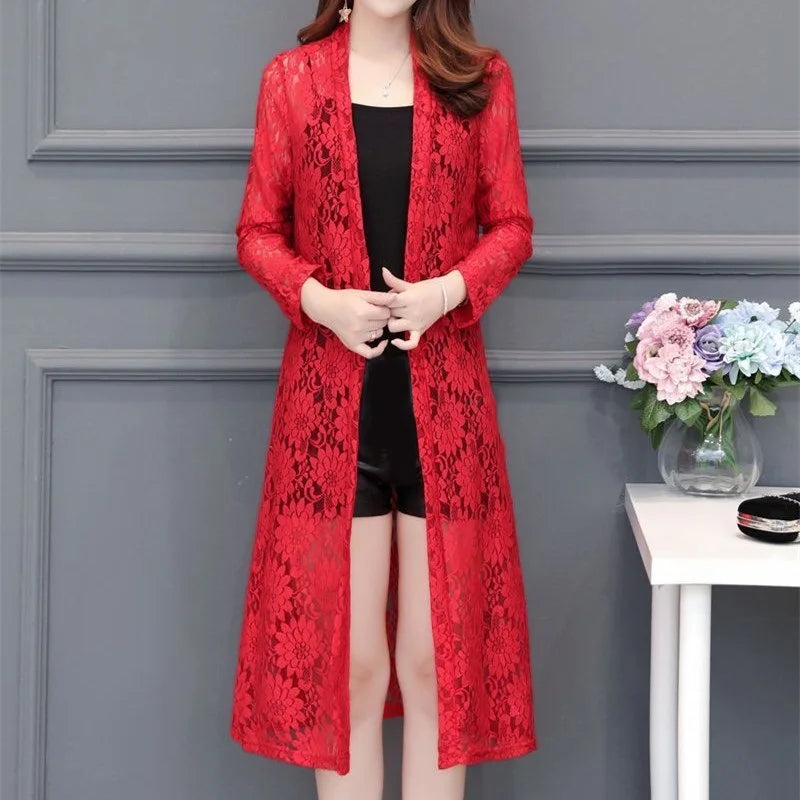 Women Lace Cardigan Mid-length Summer Mesh Shawl Loose Over-the-knee Sun Protection Clothing Women Jacket Shirt Outerwear