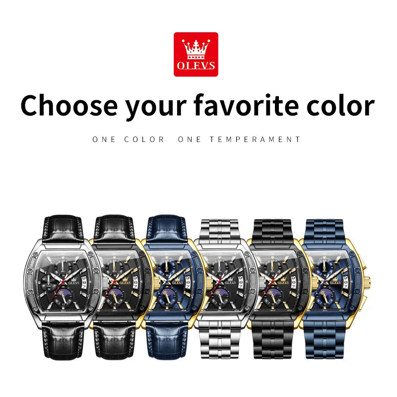 OLEVS Watch New 3661 Mens Watch Luxury Quartz Watch Waterproof Luminous Stainless Steel Moon Phase Sport Tonneau Watches For Men