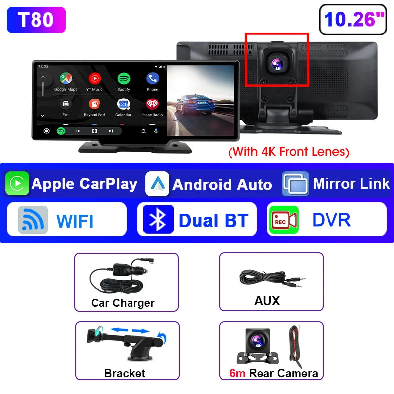Srnubi 10.26" Dash Cam Rearview Wireless Carplay & Android Aut 4K DVR Navigation Player Dual Len Recorder Dashboard  WIFI 5.0BT