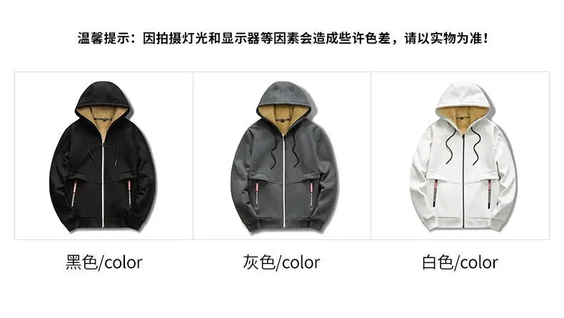 Men's Winter Warm Hoodies Sweatshirts Thickened Lamb Fleece Lining Hooded Jackets Windproof Zip Casual Hooded Sportwear for Men