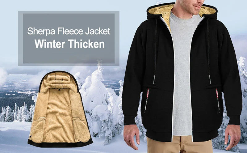 Men's Heavyweight Sherpa Fleece Lined Jackets Coats Windproof Zip Up Hoodie Winter Warm Hooded Sweatshirt Outerwear Outfits Tops