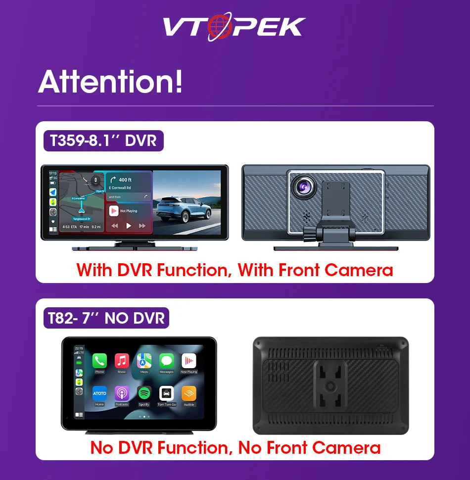 Vtopek 8.1 Inch 2.5K Dash Cam Wireless Carplay Android Auto Car DVR WiFi GPS Navigation Rearview Camera Dashboard Video Recorder