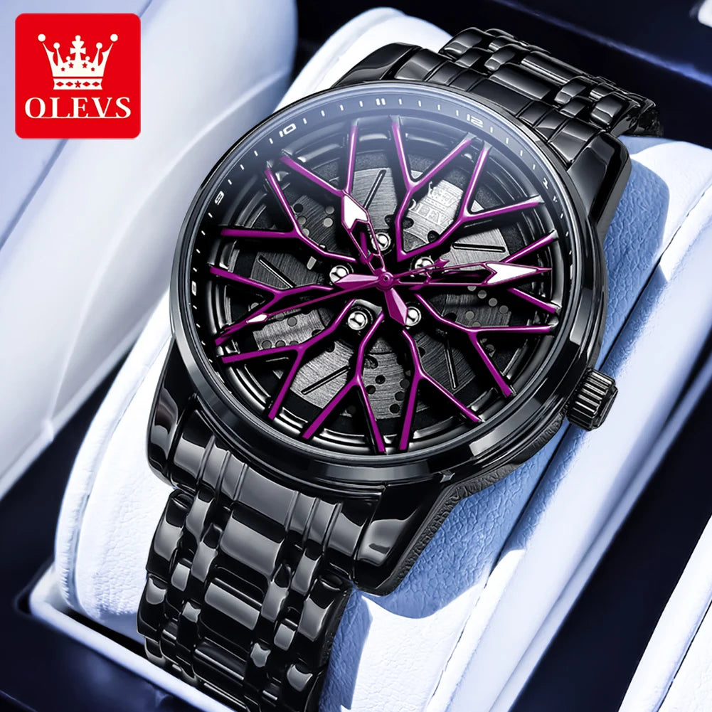 OLEVS 3701 Mens Watch Rotatable Wheel Hub Dial Fashion Quartz Watch Waterproof Luminous Stainless Steel Watches For Man Original