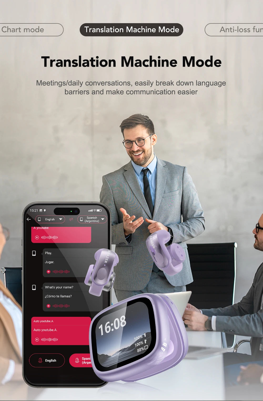 Translator ERAZER XF28 Bluetooth V6.0 Open-ear True Wireless EarbudsTranslation Earphones Office Travel,ASMR Headset APP