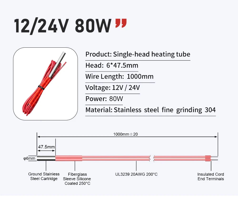 Trianglelab 3D Printer 6*20MM 12V/24V 40W Heater Cartridge With 100CM cable For 3D Printer for PT100 HOTEND Volcano MK8 MK9
