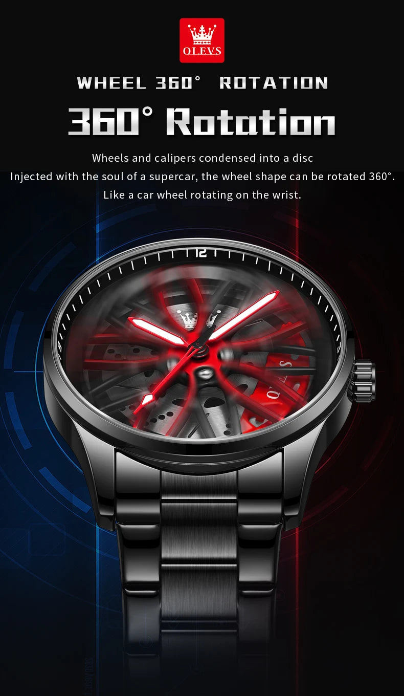 OLEVS 9937 Mens Watch Original Rotatable Wheel Hub Dial Fashion Trend Quartz Watch Waterproof Luminous Stainless Steel Reloj