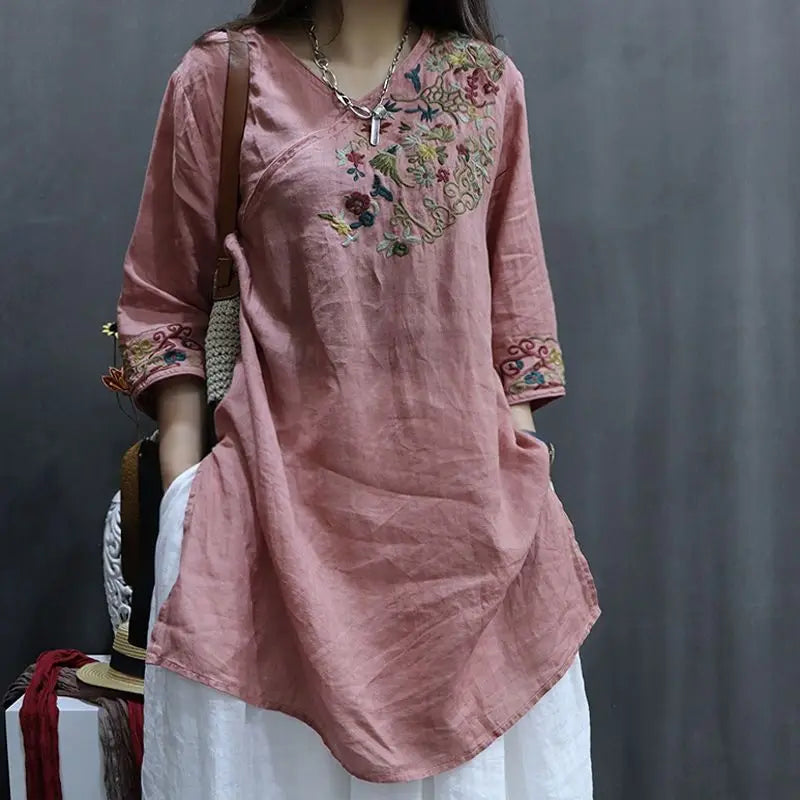 Cotton and Linen Women Clothing 2025 Summer New Print Retro Embroidery Loose Slim and Fashionable Shirt