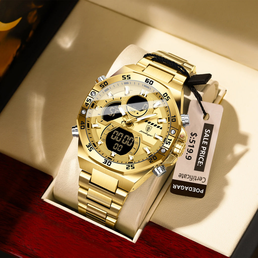 POEDAGAR New Men Clock LED Luminous Waterproof Week Date Military Man Wristwatch Electronic Stainless Steel Quartz Men's Watches