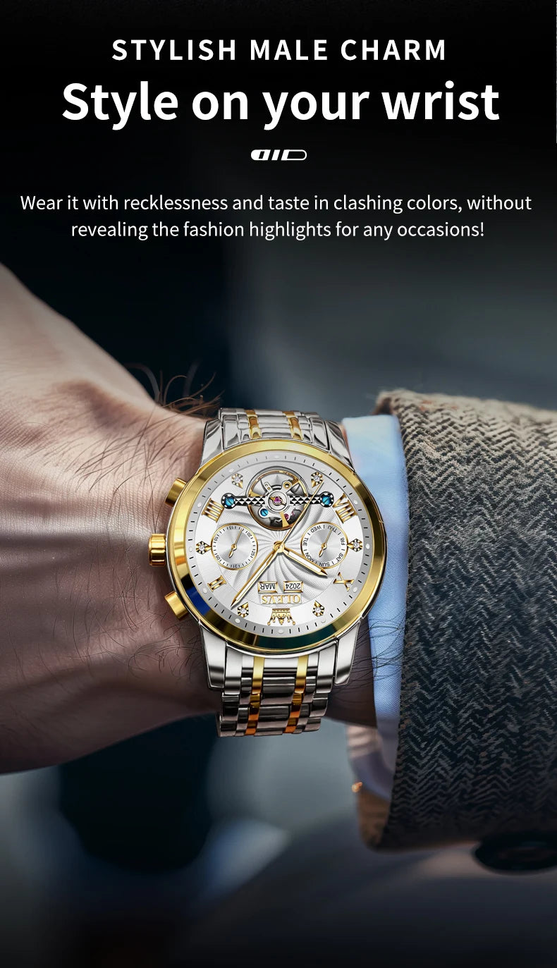 OLEVS Men's Watches 7088 Luxury Trend Fashion Automatic Mechanical Watch for Man Hollow Quartz Movement Complete Calendar Week