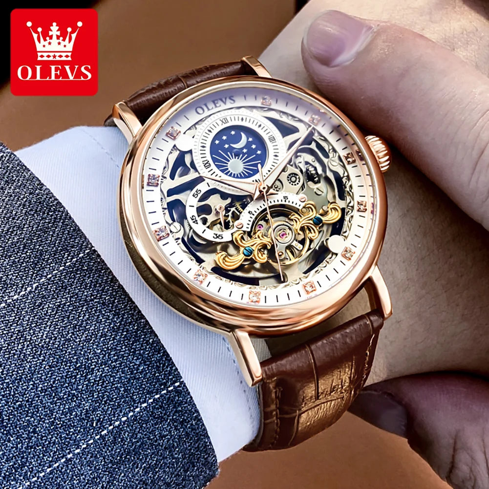 OLEVS Moon Phase Mechanical Watch Men with Waterproof Automatic Skeleton Mens Watches Top Brand Luxury Tourbillon Wristwatch Men
