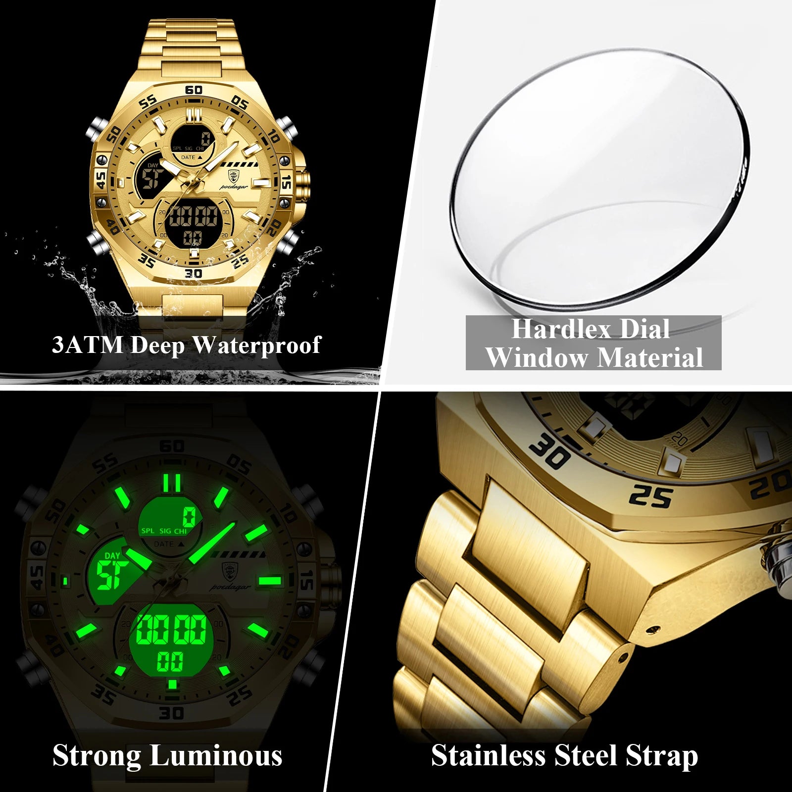 POEDAGAR New Men Clock LED Luminous Waterproof Week Date Military Man Wristwatch Electronic Stainless Steel Quartz Men's Watches