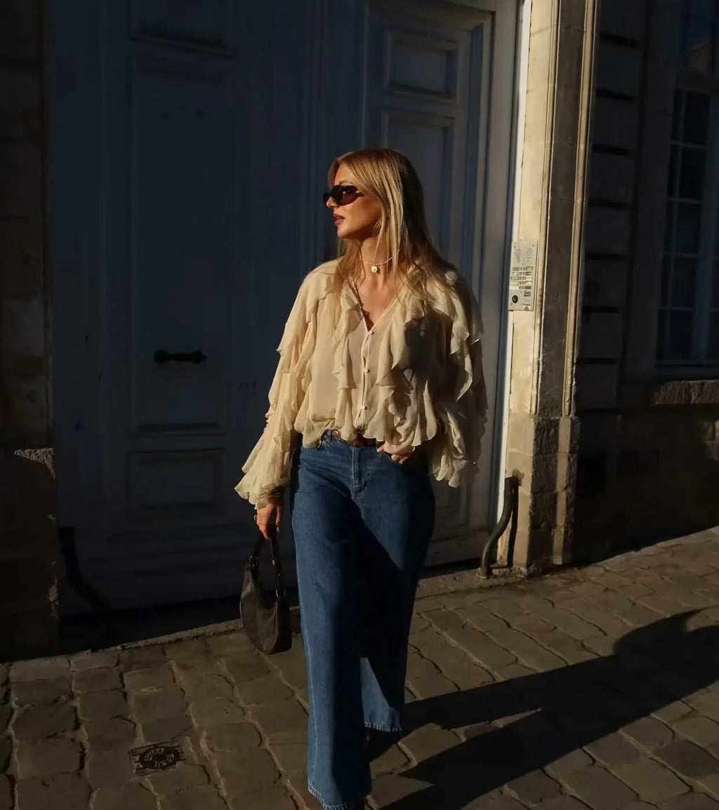 Women's clothing 2025 European new fashion design and ruffled layered decorative V-neck shirt