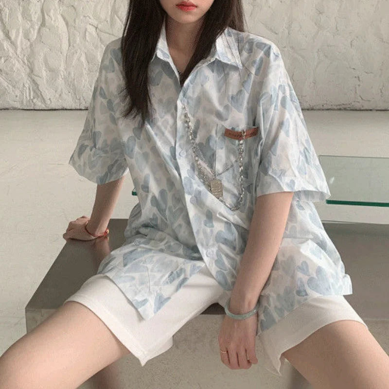 Deeptown Kawaii Button Up Shirt Animal Cat Print Blouse Women Japan Style 2024 Summer Hawaii Graphic Cardigan Casual Cute Tops