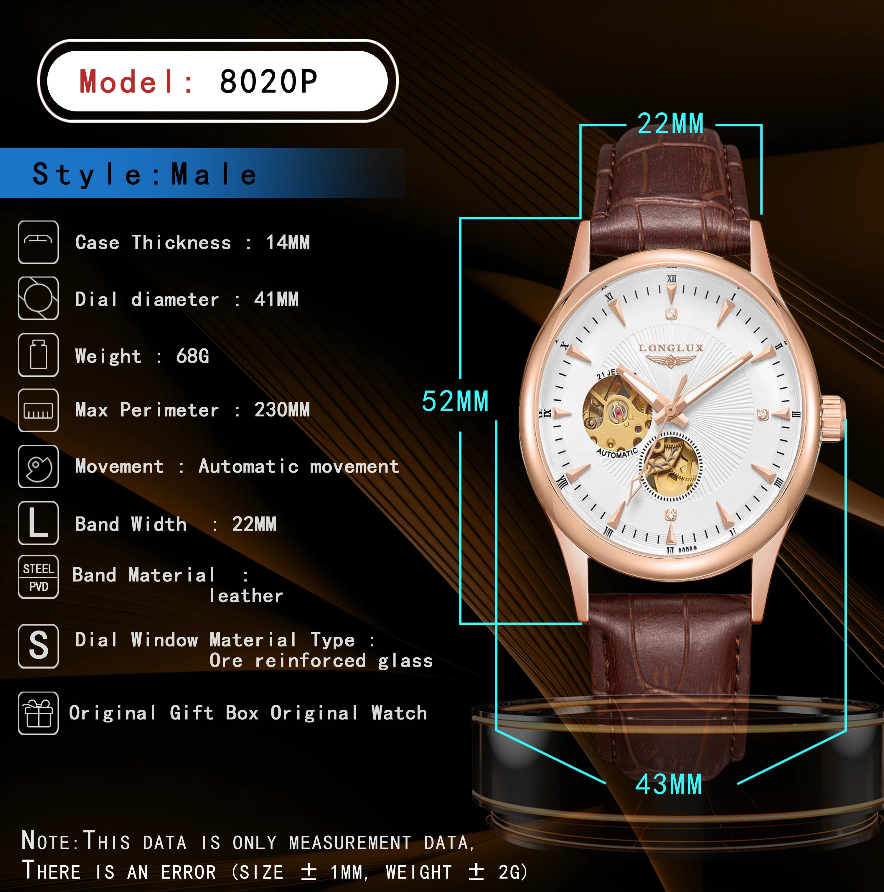 LONGLUX automatic watch elegant style wholesale mechanical wristwatches skeleton rome waterproof  mens watch men gift