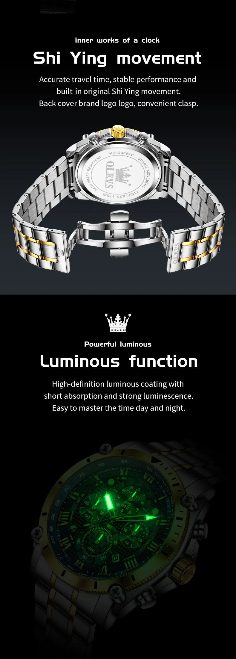 OLEVS 3689 Original Moon Phase Mens Watch Multifunctional Chronograph Quartz Watch  Waterproof Sports Watches For Man Gift Reloj