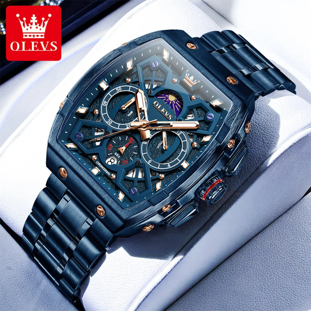 OLEVS 2942 New Mens Watch Original Tonneau Quartz Watch Waterproof Luminous Stainless Steel Watches For Men Gifts Box