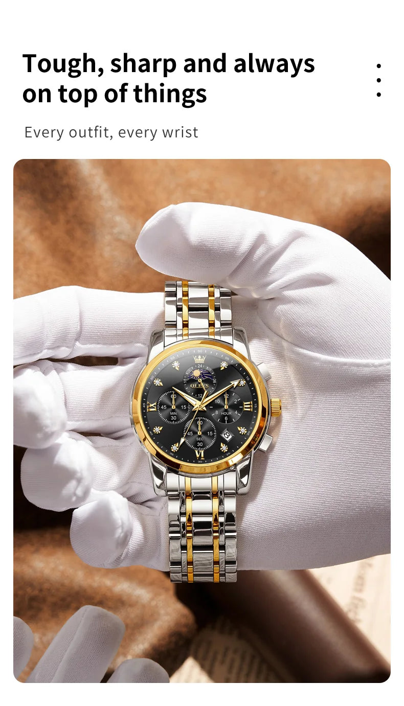 OLEVS 3655 Moon Phase Classic Three Eye Dial Men's Watch Stainless Steel Watch for Male Butterfly Buckle Waterproof Quartz watch