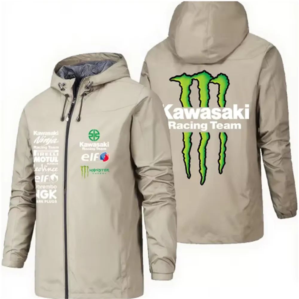 Racing team jacket with Kawasaki logo, men's waterproof and windproof sportswear, outdoor enthusiast jacket, fashionable jacket