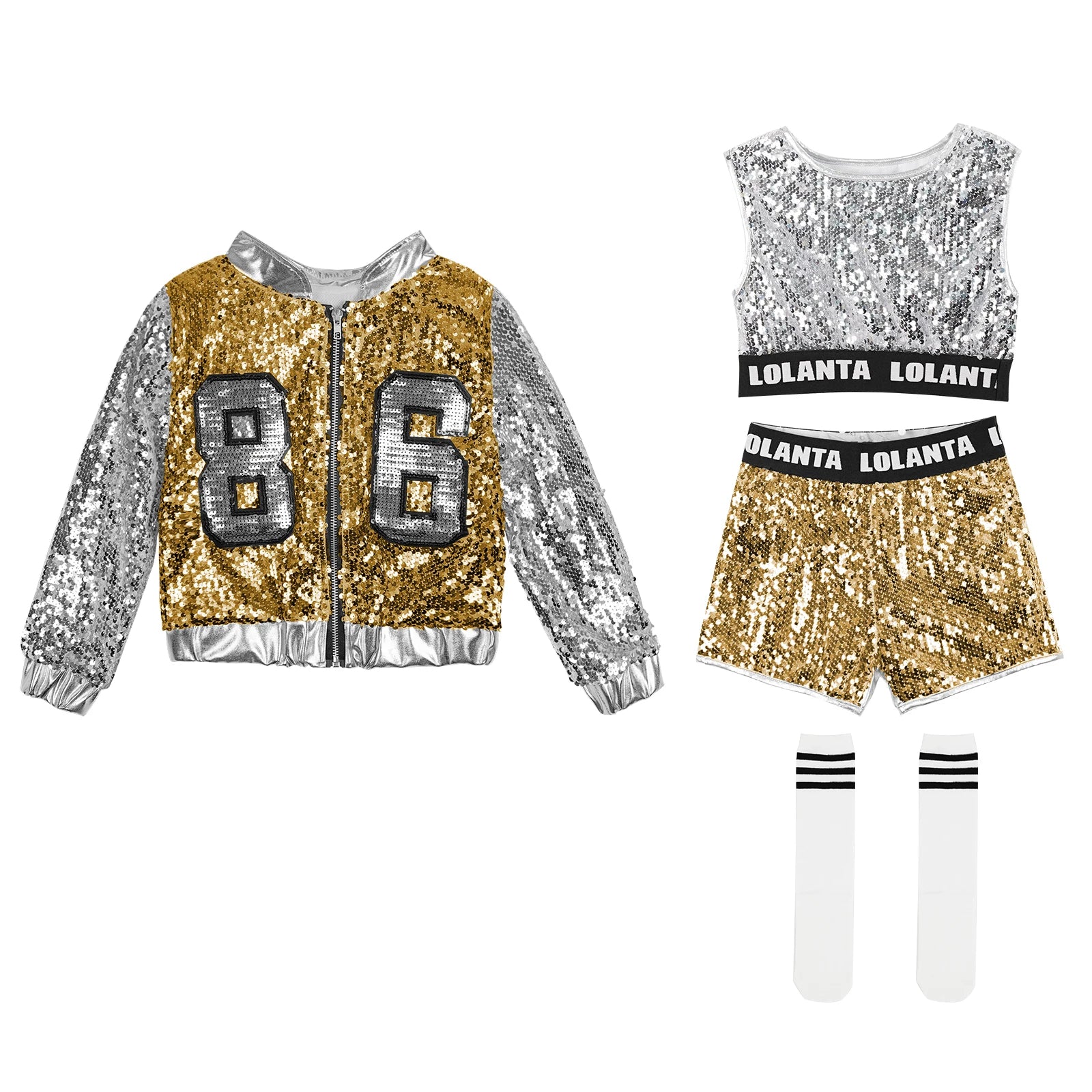 LOlanta 4-14 Years Girls Pink Sequin Crop Tops Shorts Jacket Dancewear Costume Hip Hop Modern Jazz Dance Stage Performance Wear