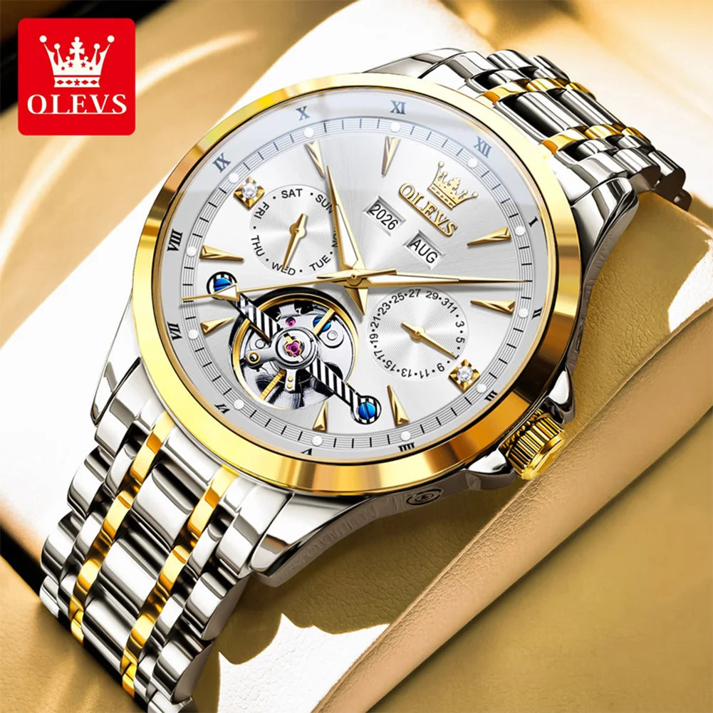 OLEVS 7091 Mens Watch Original Flywheel Automatic Mechanical Watch For Man Perpetual Calendar Waterproof Luminous Luxury Reloj