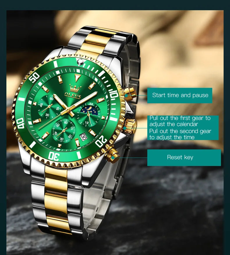 OLEVS Men's Watches Top Brand Luxury Watch for Men Original Waterproof Stainless Steel Chronograph Moon Phase Date Rota Dial