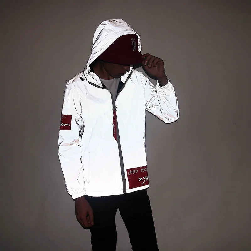 Men's Full Reflective Jacket Casual Women Windbreaker Hip Hop Hooded Coat Waterproof Printed Streetwear Night Shiny Jackets 5XL