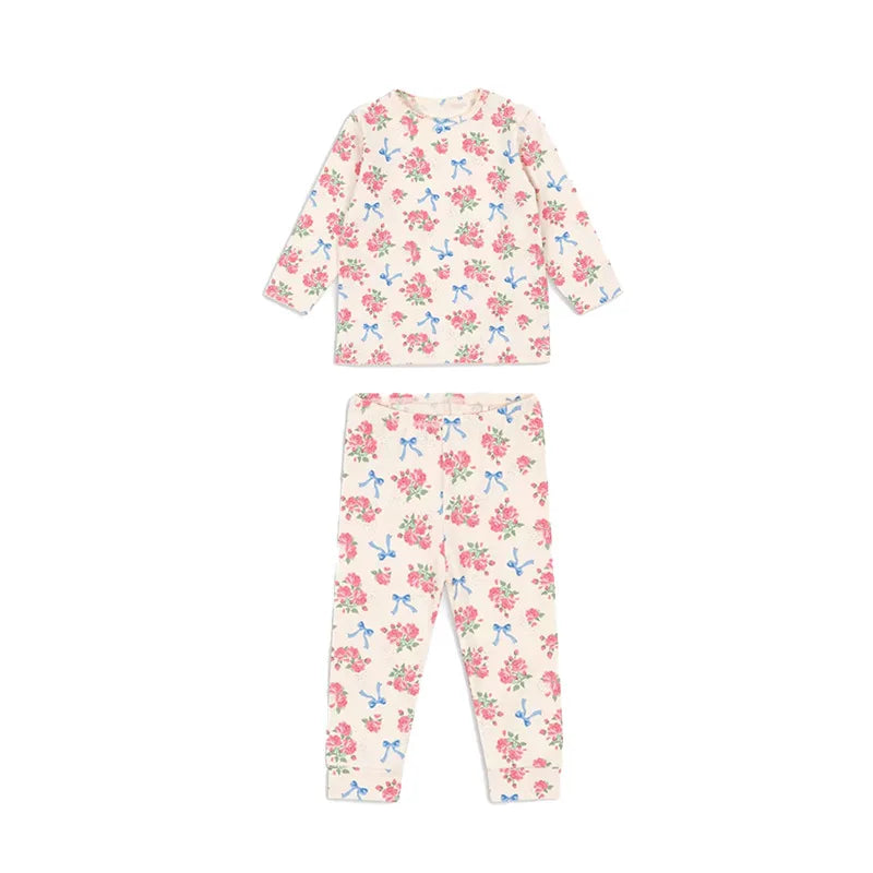 Children's Clothings 2025 New Autumn Winter Baby Girls Homewear Flower Cotton Printed Shirts Leggings Pants Set Korean Clothes