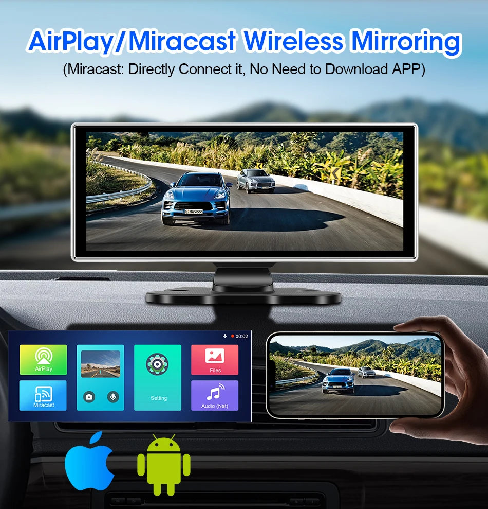 11.26 inch Car DVR 4K Dash Cam Dual Lens Wireless Carplay & Android Auto Video Recorder Monitor GPS Navigation 5G Wifi FM AUX