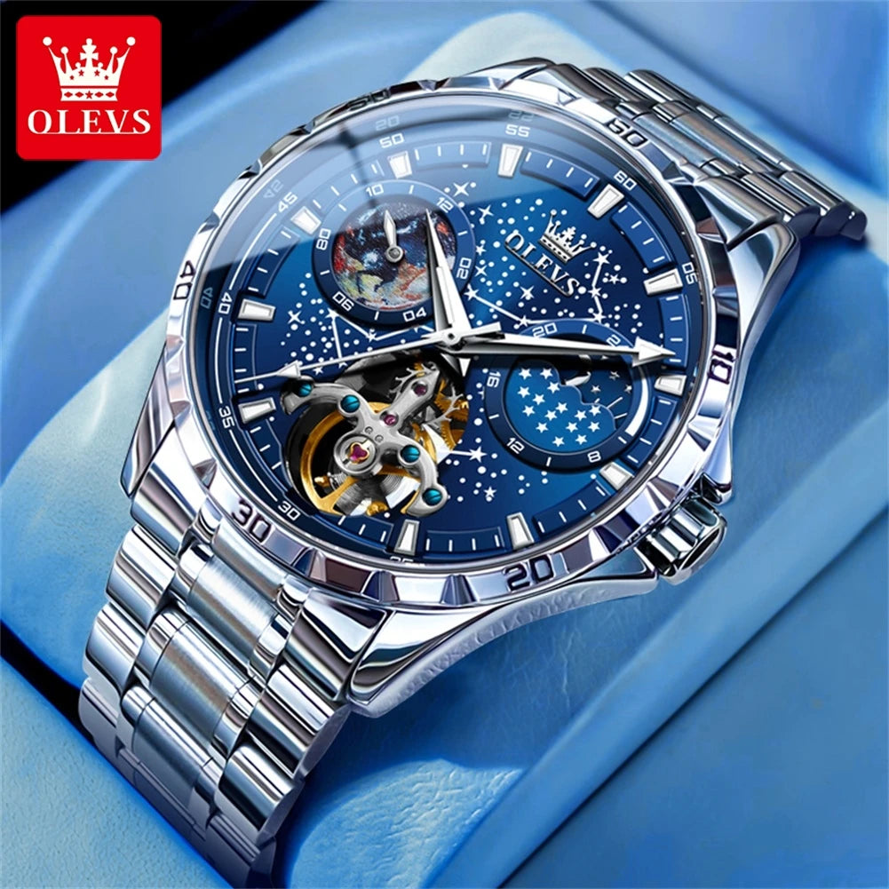 OLEVS Flywheel Skeleton Automatic Watch for Men Luminous Starry Sky Waterproof Business Wristwatch Mechanical Watch