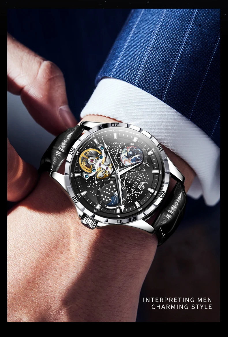 OLEVS Flywheel Skeleton Automatic Watch for Men Luminous Starry Sky Waterproof Business Wristwatch Mechanical Watch