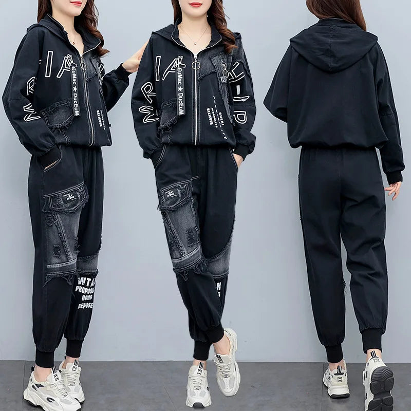 Clothing Suits 2025 Spring autumn Punk Outfits Womens Two Pieces Sets British Loose Casual Hooded Jackets Denim Pants