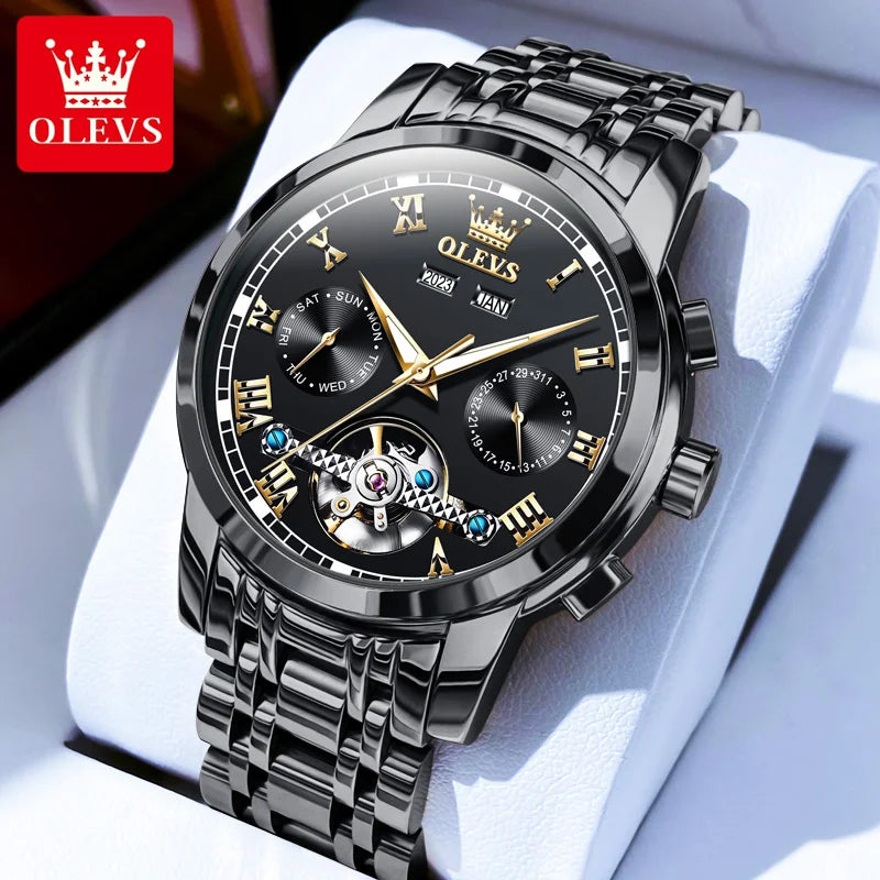 OLEVS 6607 Fully Automaitc Watches Stainless Steel Skeleton Flywheel Dual Calendar Top Luxury Brand Men's Mechanical Wristwatch