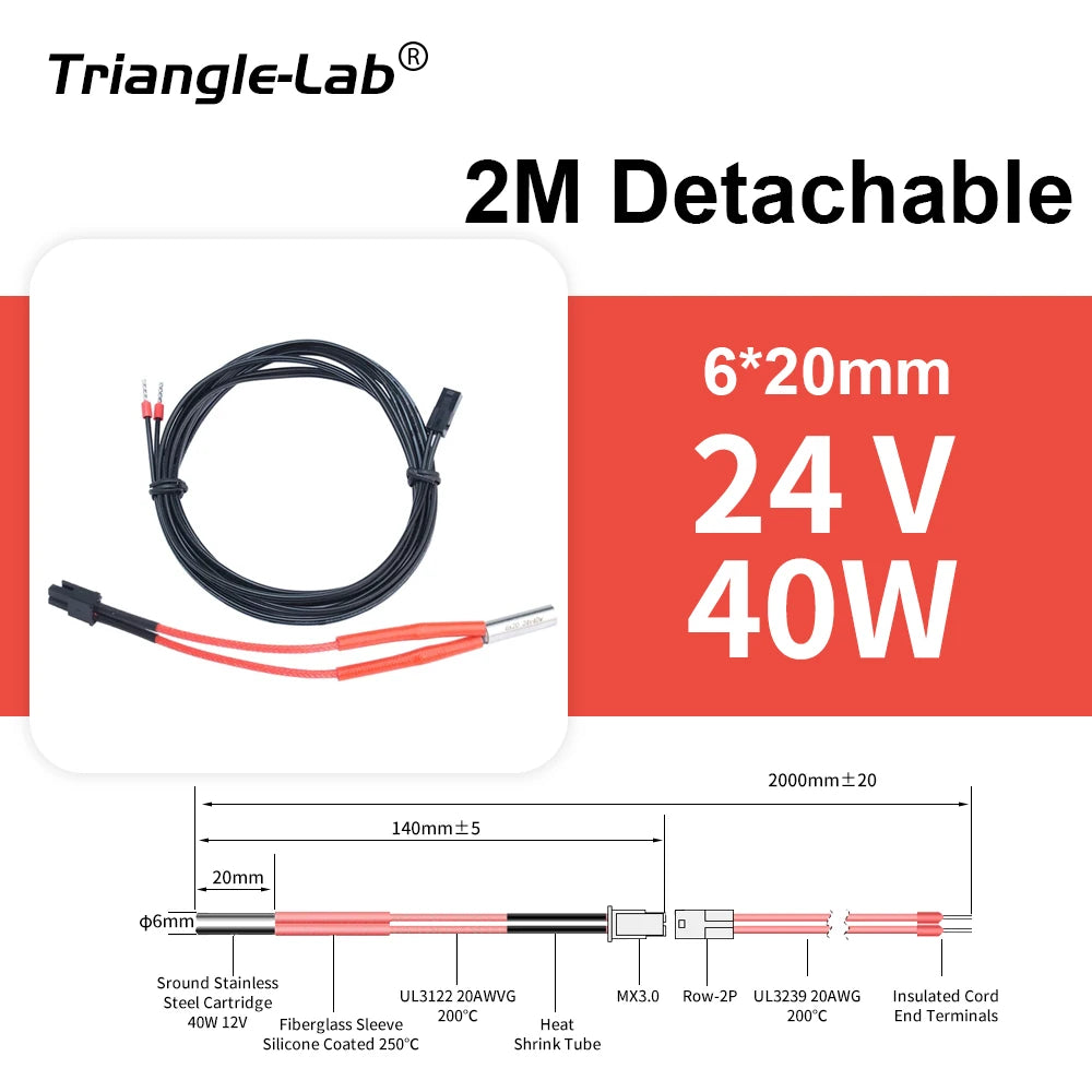 Trianglelab 3D Printer 6*20MM 12V/24V 40W Heater Cartridge With 100CM cable For 3D Printer for PT100 HOTEND Volcano MK8 MK9