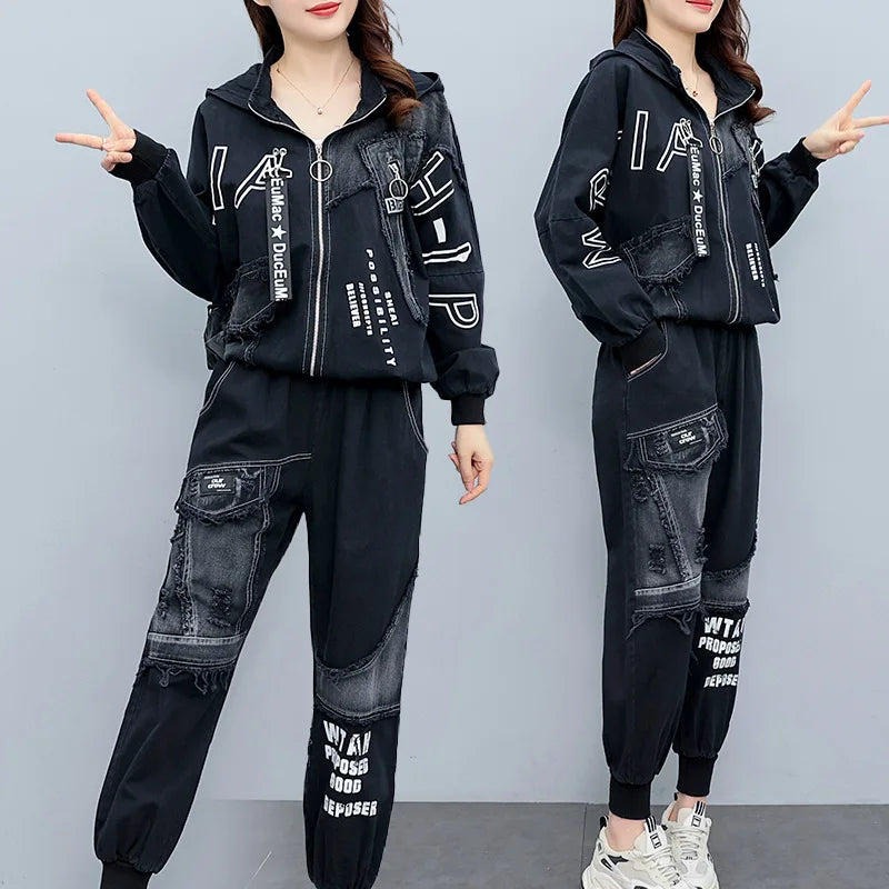 Clothing Suits 2025 Spring autumn Punk Outfits Womens Two Pieces Sets British Loose Casual Hooded Jackets Denim Pants