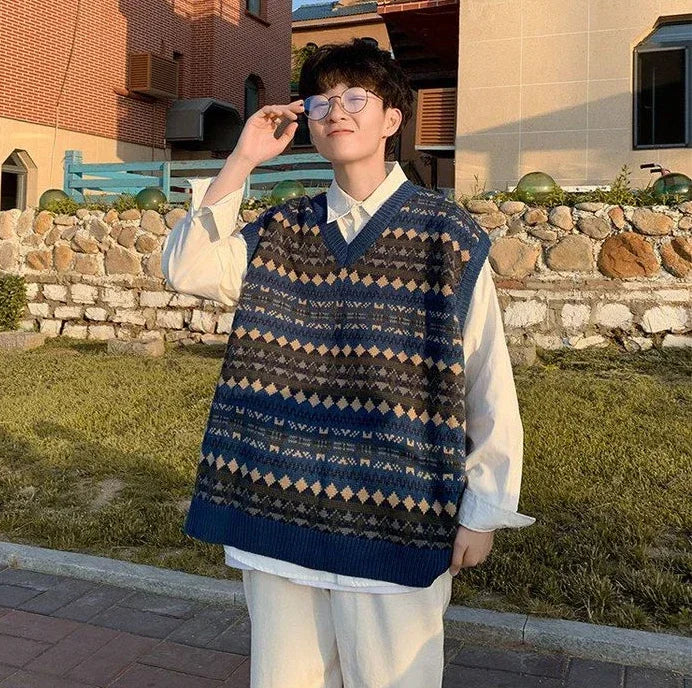 Men's Clothing Plaid Sleeveless Blue Knit Sweater Male Graphic Waistcoat Vest Casual Korean Style Baggy Fashion Stylish Hot A
