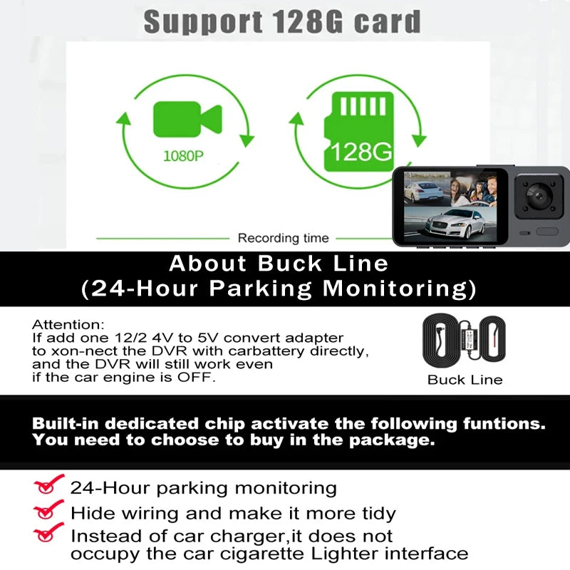 Wifi 3 Camera Car Dvr 3 Channel Dash Cam FHD 1080P Dash Camera Interior Dashcam Video Recorder Black Box 24H Parking Monitoring