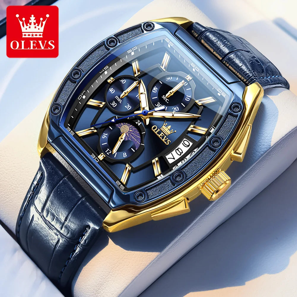 OLEVS Watch New 3661 Mens Watch Luxury Quartz Watch Waterproof Luminous Stainless Steel Moon Phase Sport Tonneau Watches For Men