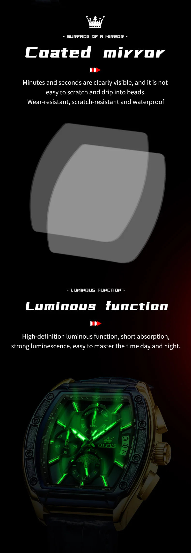 OLEVS Watch New 3661 Mens Watch Luxury Quartz Watch Waterproof Luminous Stainless Steel Moon Phase Sport Tonneau Watches For Men