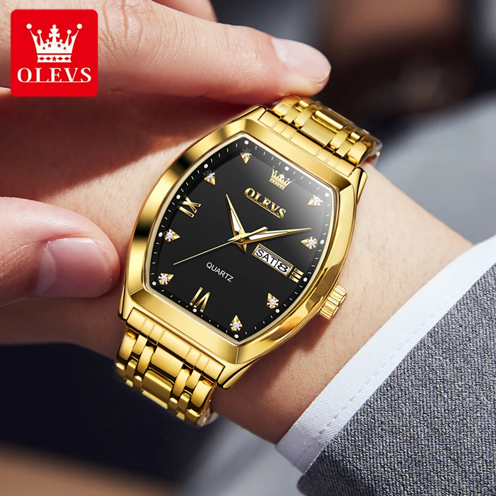 OLEVS Men's Watches Luxury Tonneau Original Top Brand Quartz Watch for Men Waterproof Luminous Week Date Male Wristwatch