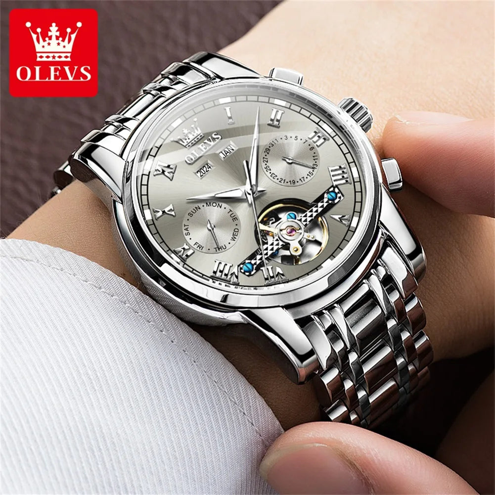 OLEVS 6607 Fully Automaitc Watches Stainless Steel Skeleton Flywheel Dual Calendar Top Luxury Brand Men's Mechanical Wristwatch