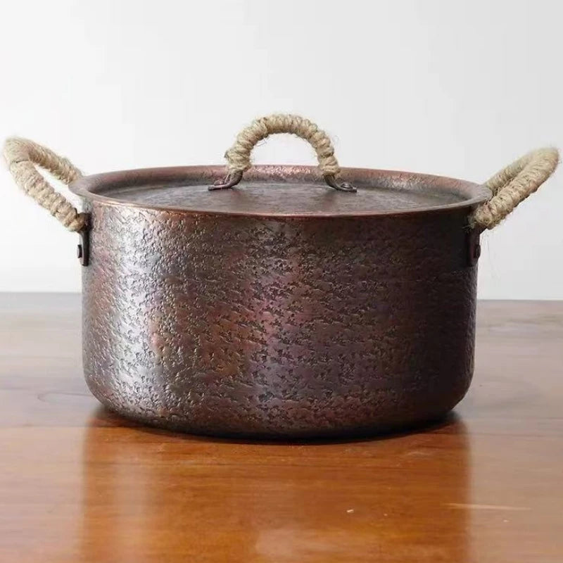 Vintage Copper Pot,Handcrafted Hot Pot Food Cooking Utensil for Boiling,Simmering and Pasta Stewing,With lid 18 cm Handheld Pots