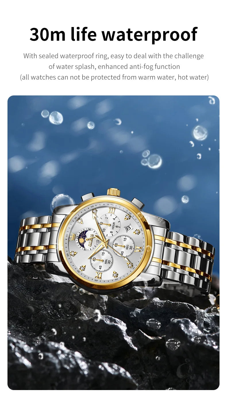 OLEVS 3655 Moon Phase Classic Three Eye Dial Men's Watch Stainless Steel Watch for Male Butterfly Buckle Waterproof Quartz watch