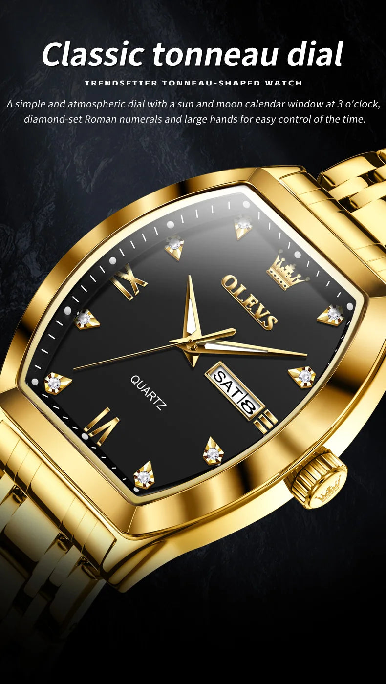 OLEVS Men's Watches Luxury Tonneau Original Top Brand Quartz Watch for Men Waterproof Luminous Week Date Male Wristwatch