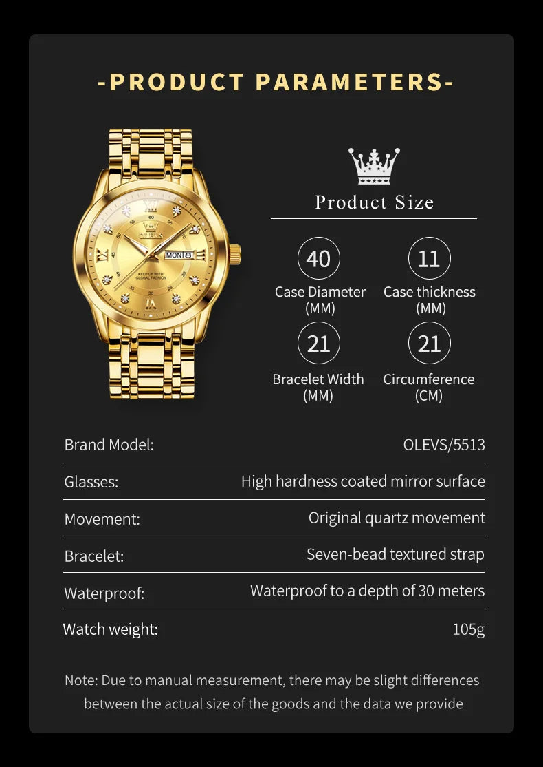 OLEVS Quartz Watch for Men Luxury Diamonds Gold Watch Waterproof Luminous Stainless Steel Business Men's Quartz Watch Mens Watch