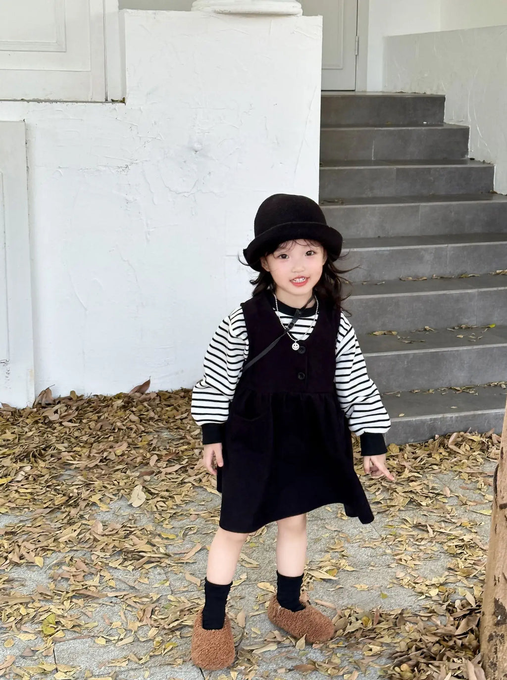Clothing Suit Girls' Striped Long-Sleeved Sweater Plus Corduroy Vest Skirt  Autumn and Winter Clothing New Suit