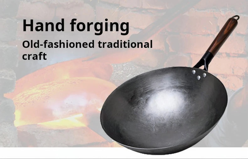 Iron Pot Household Frying Pan Traditional Hand Forged Without Coating Wooden Handle Old-style Non-iron Pot (30cm)