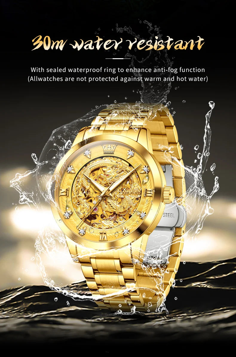 OLEVS Japan Automatic Mechanical Men's Watches High-end Luxury Brand Original Stainless Steel Hollowed Dragon Watch for Men 7027