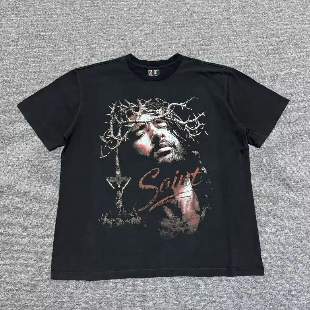 Mens Clothing vintage distressed washed T shirt men's and women's printed loose short sleeve T-shirt Ropa hombre